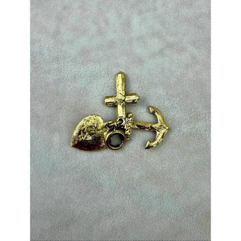 Vintage Gold Tone Faith Hope and Charity Cross Charm Pendant
